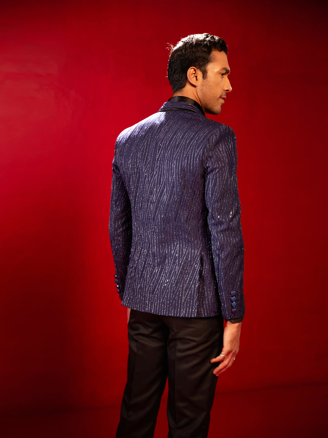 Men's Navy Blue Silk Blend Straight Blazer