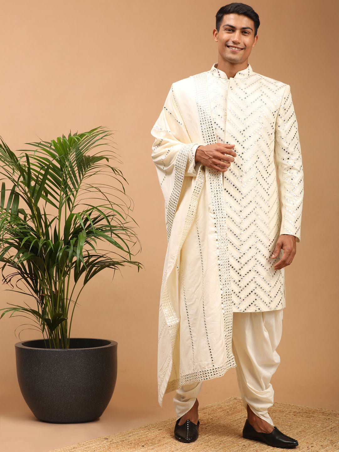 Men's Cream Silk Blend Straight Sherwani Set