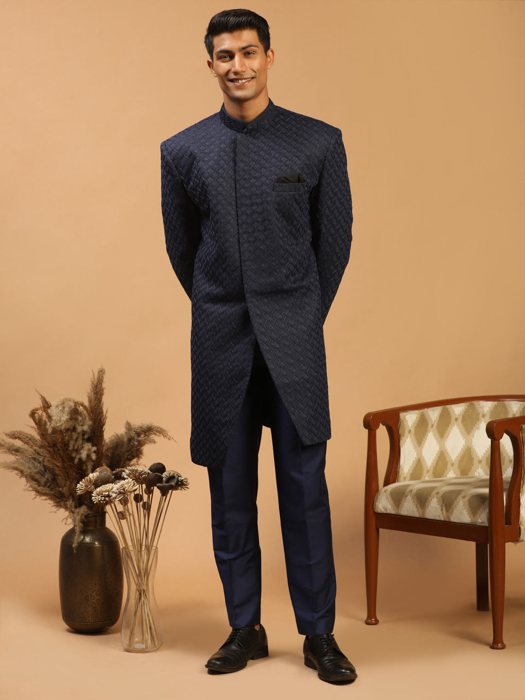 Men's Navy Blue Silk Blend Regular Sherwani Set