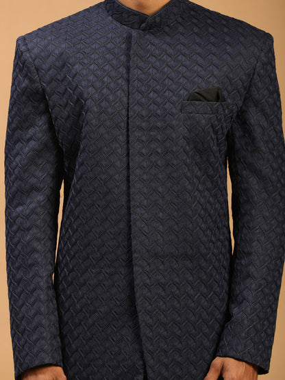 Men's Navy Blue Viscose Regular Sherwani Set