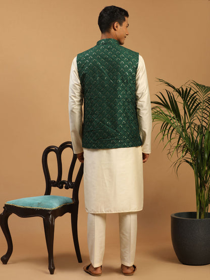 Men's Cream Cotton Blend Straight Jacket  Kurta and Pyjama Set