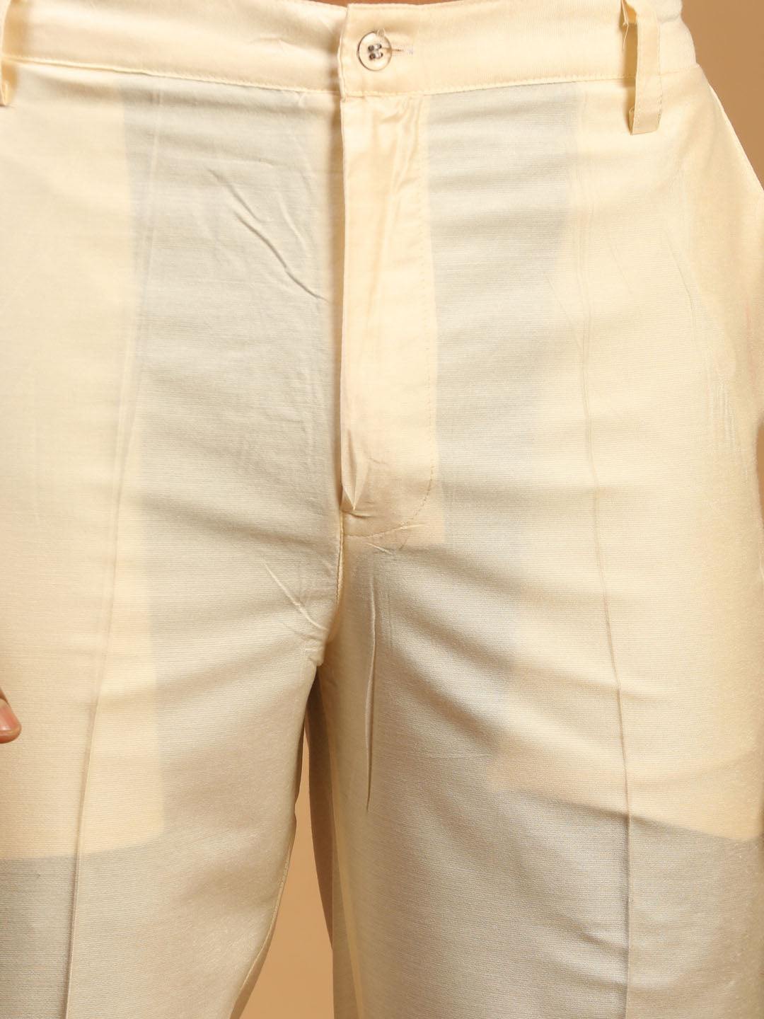 Men's Cream Cotton Blend Straight Jacket  Kurta and Pyjama Set