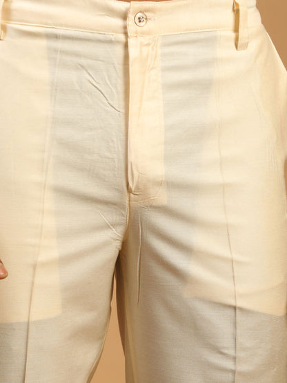 Men's Cream Cotton Blend Straight Jacket  Kurta and Pyjama Set