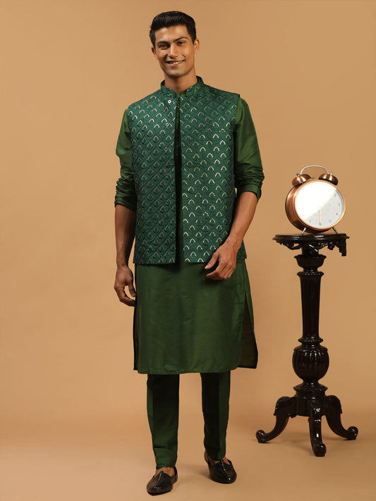 Men's Green Silk Blend Straight Jacket  Kurta and Pyjama Set