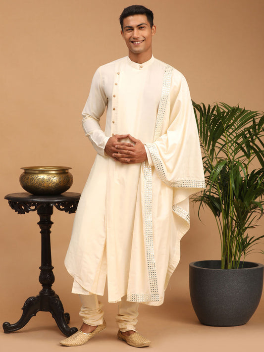 Men's Cream Viscose Blend Asymmetric Kurta  Pyjama & Dupatta Set
