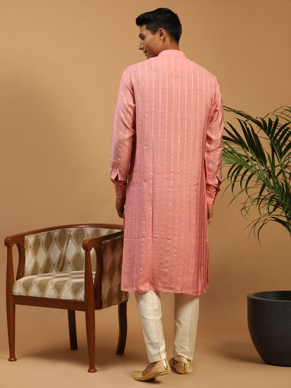 Men's Pink Cotton Blend Straight Kurta Pyjama Set