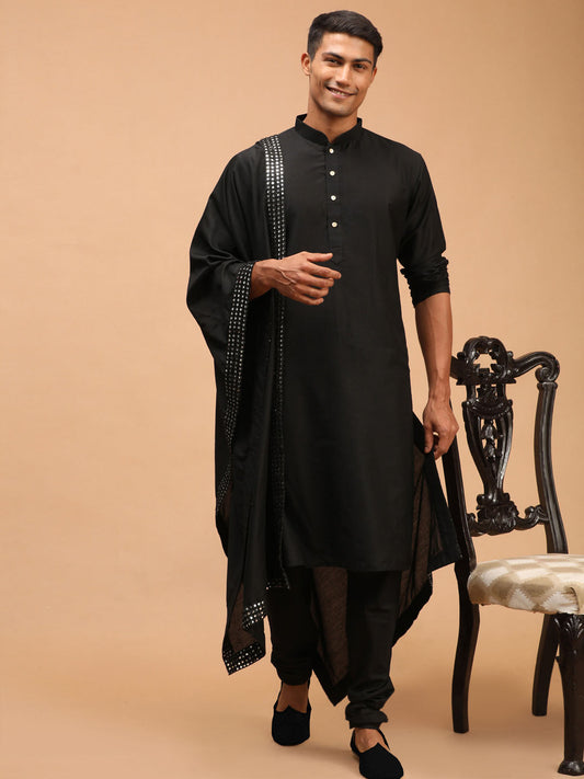Men's Black Viscose Straight Kurta  Pyjama & Dupatta Set
