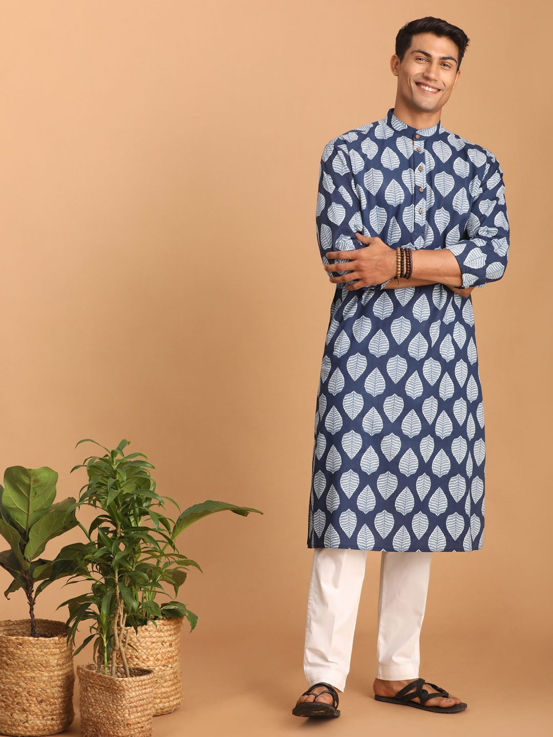 Men's Indigo Blue Cotton Straight Kurta Pyjama Set