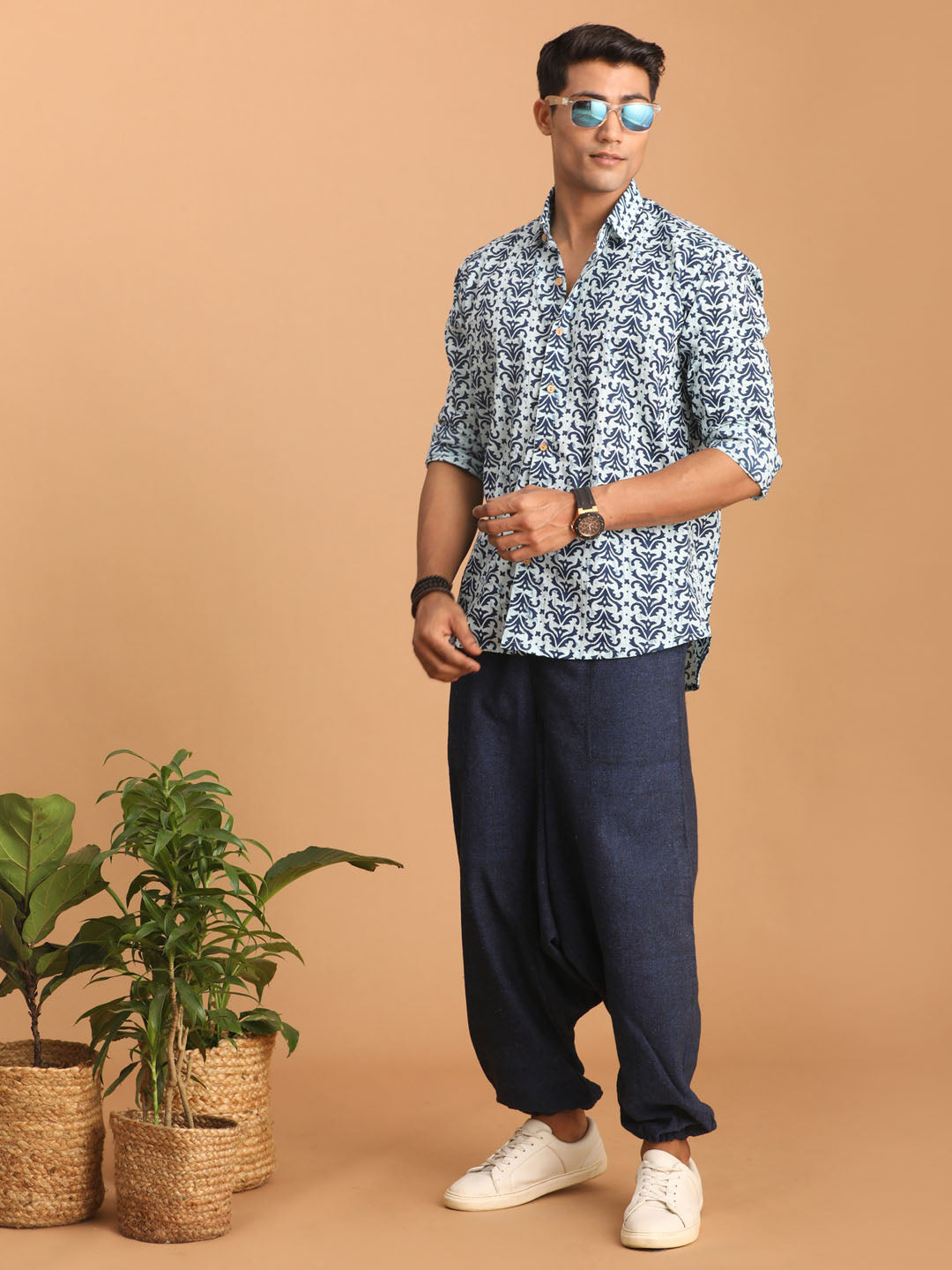 Men's Indigo Blue Cotton Straight Ethnic Shirt