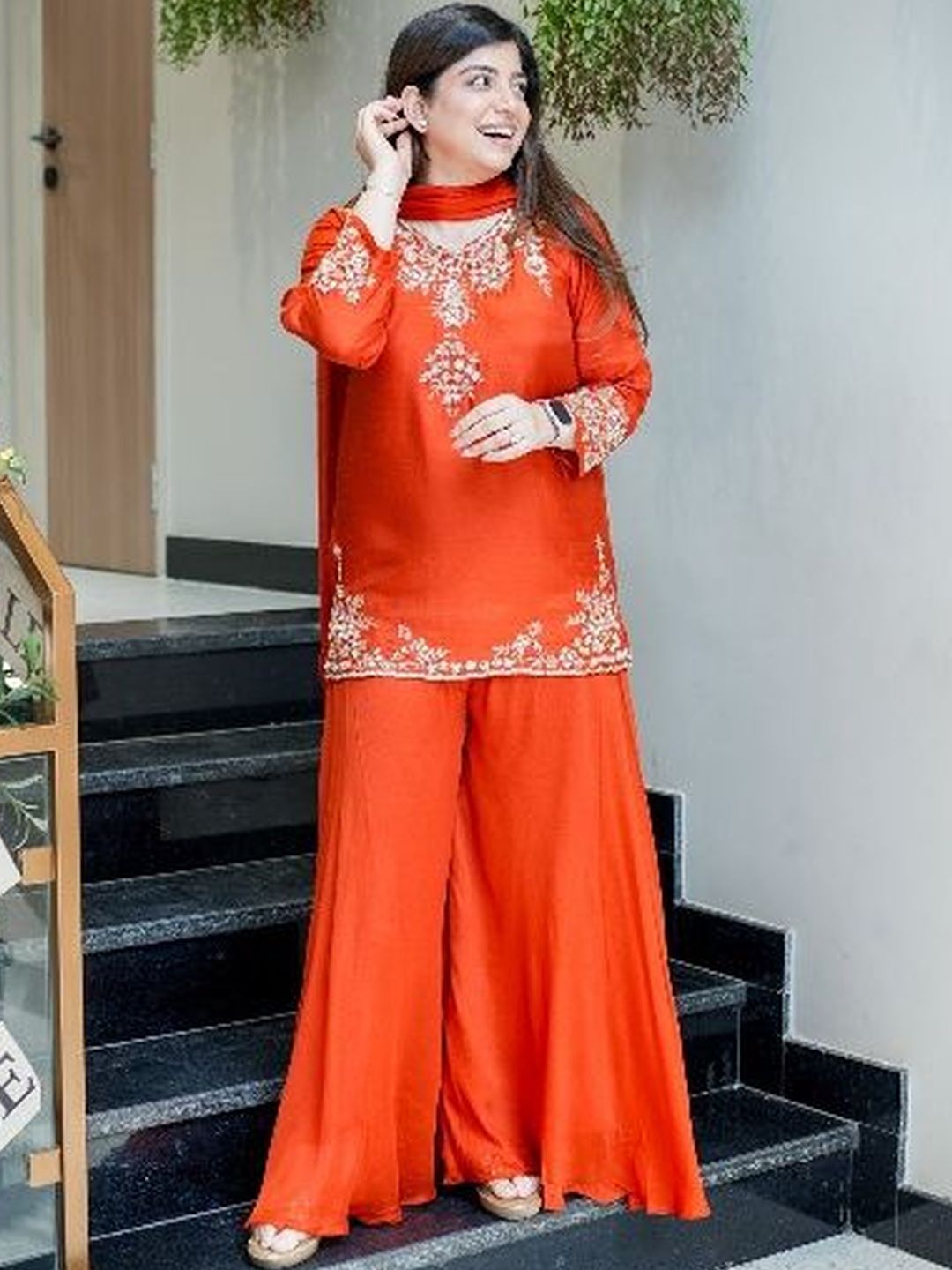 Dhiyona KL Women Ethnic Motifs Embroidered Regular Thread Work Silk Crepe Kurta with Palazzos & With Dupatta