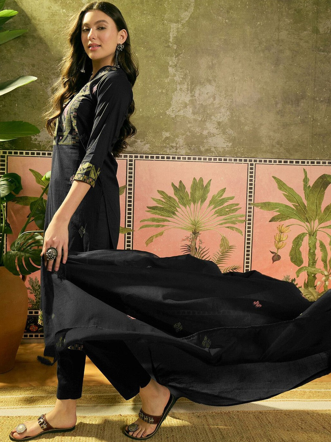 Embroidered V-Neck Kurta & Trousers with Dupatta