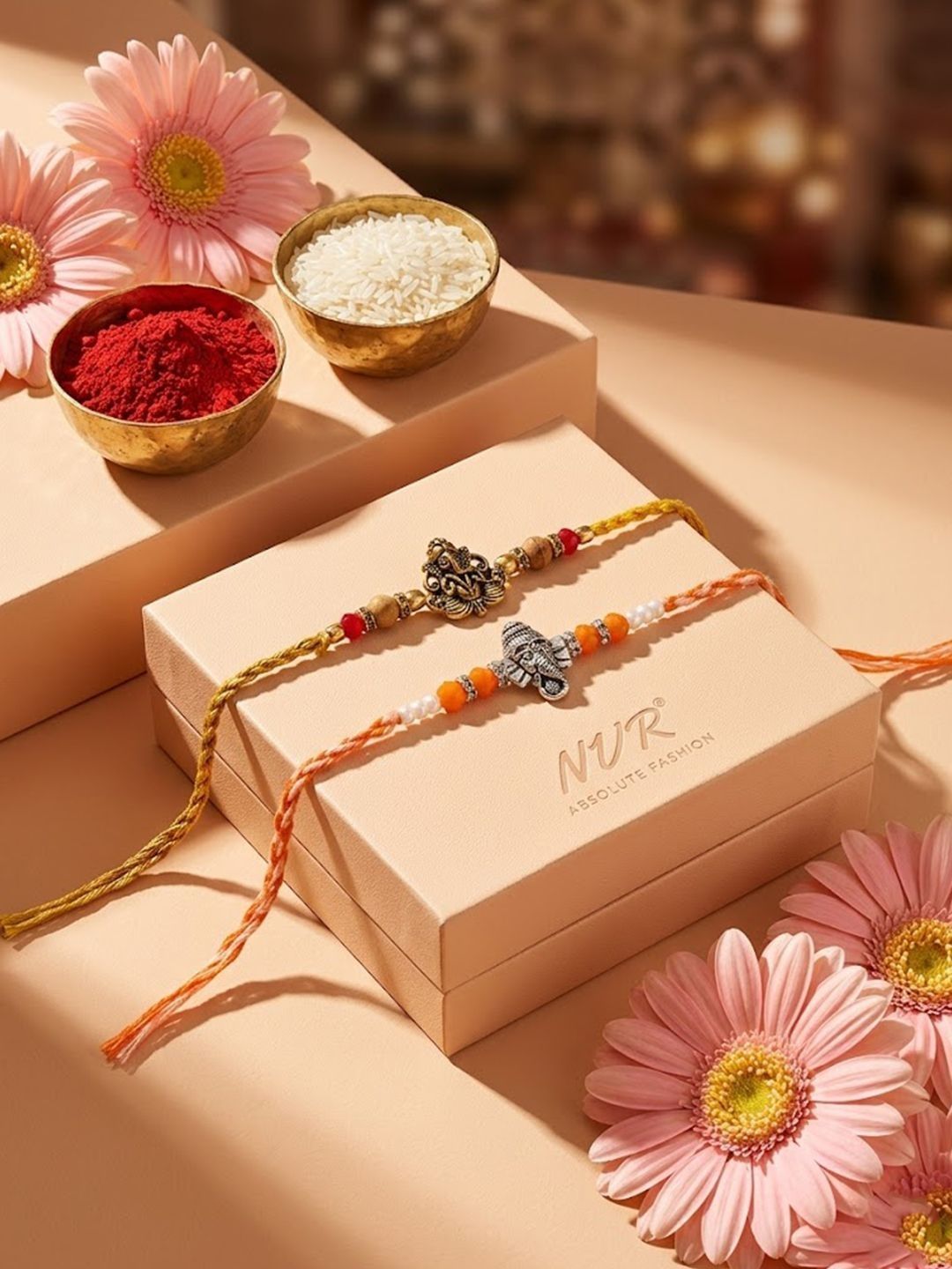 Dhiyona Set Of 2 Multicolor Religious Thread Rakhi With Roli Chawal Chandan Mishri