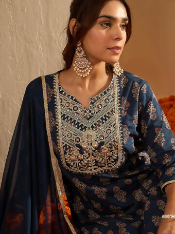 Women's Blue Embroidered Straight Kurta Palazzos With Dupatta Set