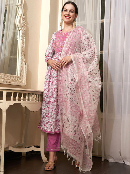 Mauve Floral Printed Mirror Work Pure Cotton Kurta With Trouser And Dupatta