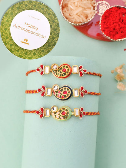Dhiyona Gold Toned Set of 3 Kundan Work Thread Rakhis With Roli Chawal & Greetings Card