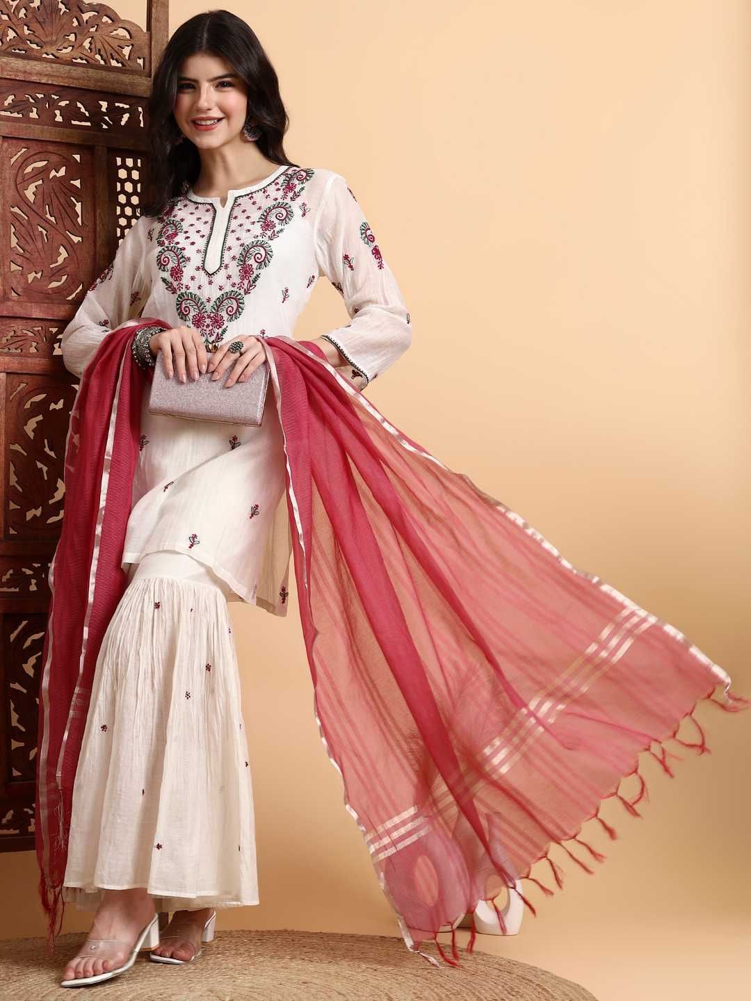 Dhiyona HOP Floral Embroidered Chikankari Chanderi Silk Kurta With Sharara & Dupatta