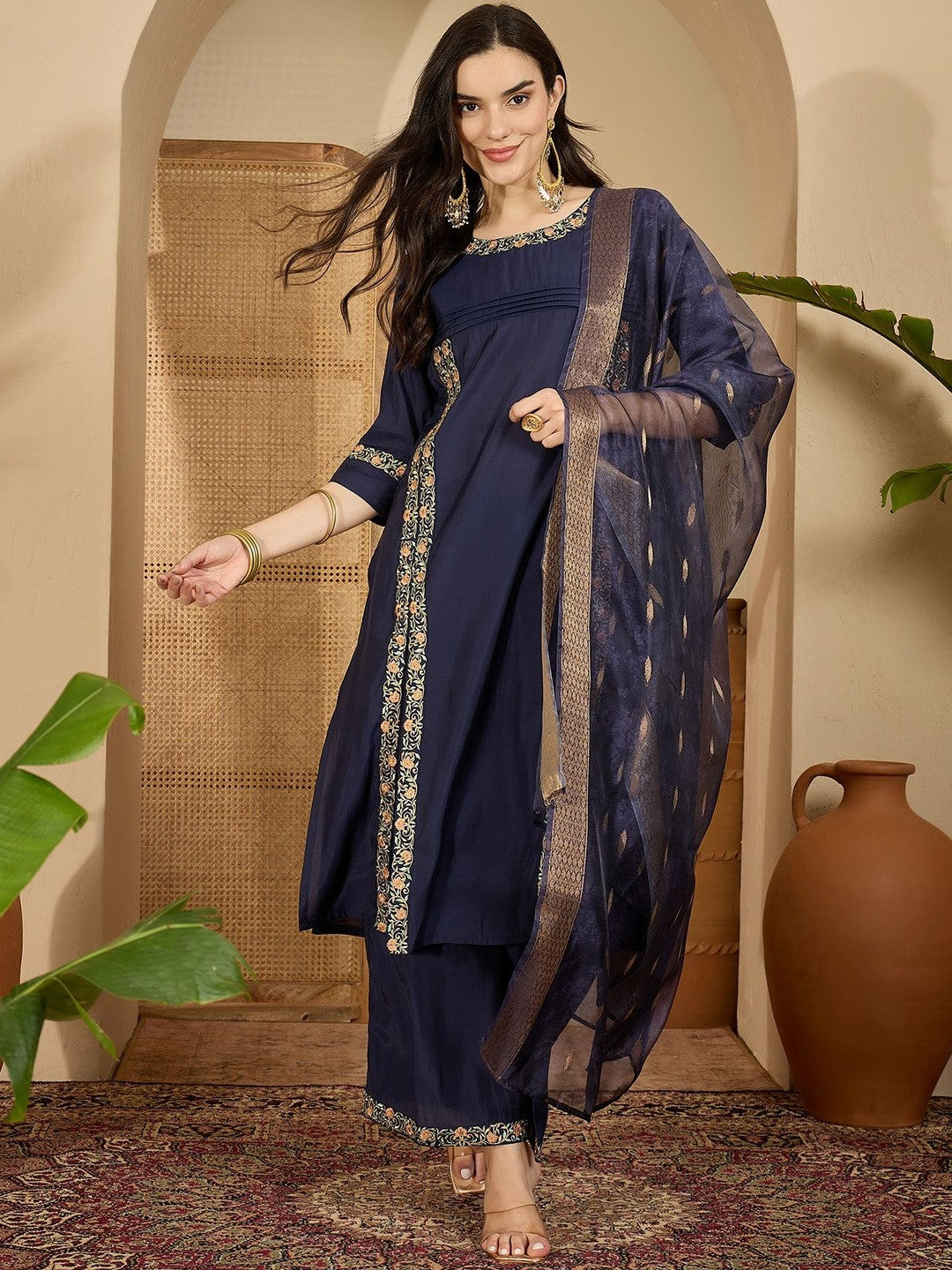 Floral Embroidered Pleated Thread Work Straight Kurta With Palazzos & Dupatta