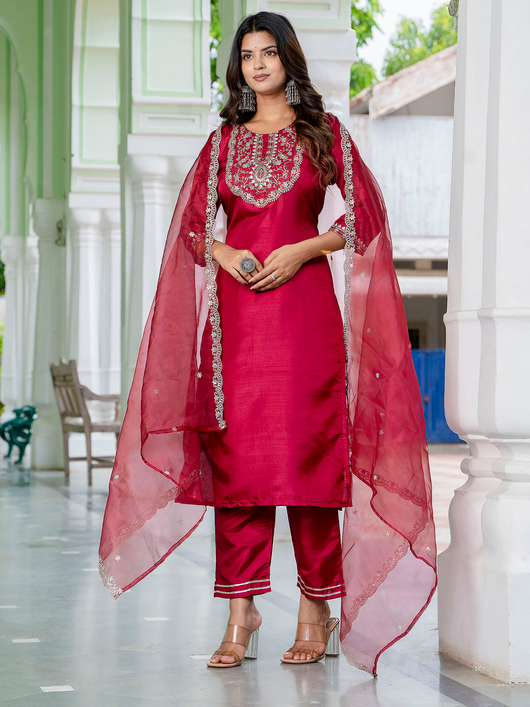 Dhiyona VV Purnima Silk Blend Embroidered Kurta Set with Dupatta