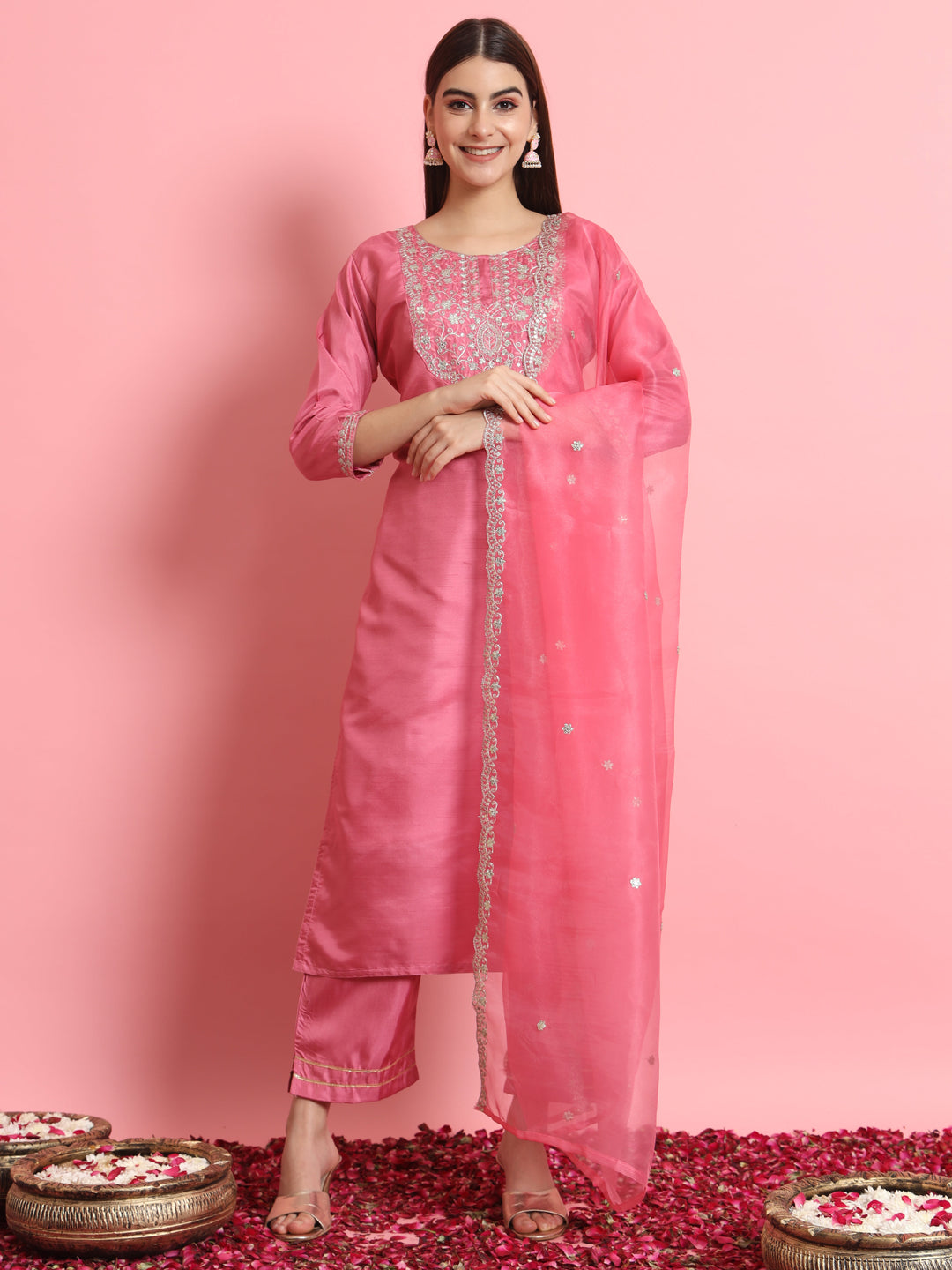 Dhiyona VV Shringar Silk Blend Embroidered Kurta Set with Dupatta