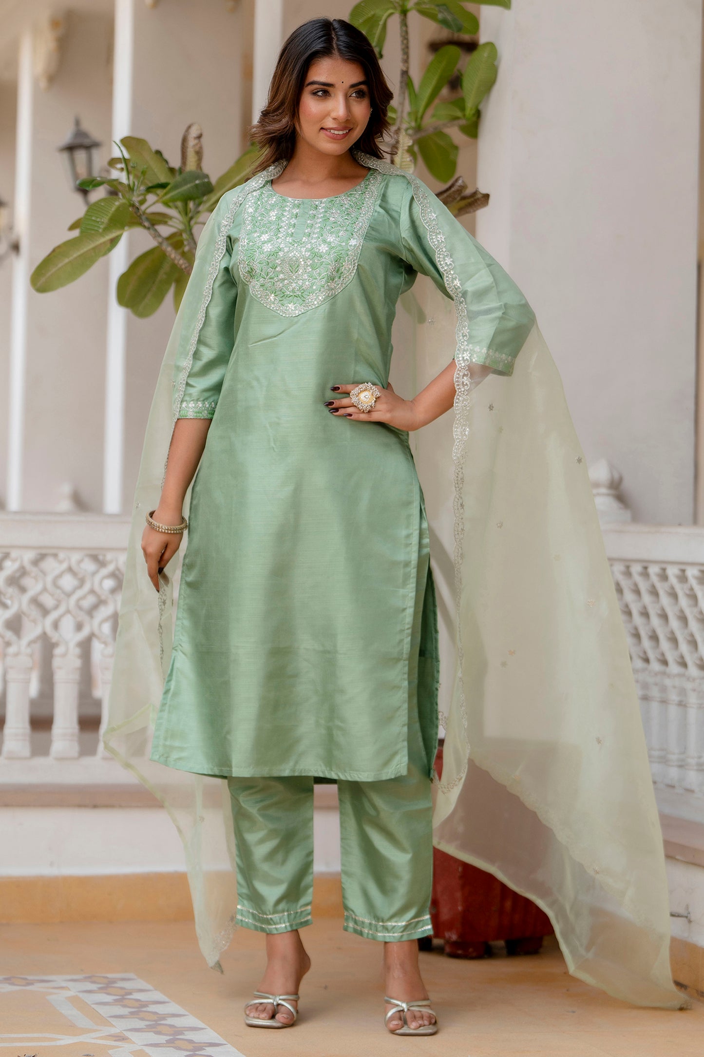 Dhiyona VV Durga Silk Blend Embroidered Kurta Set with Dupatta