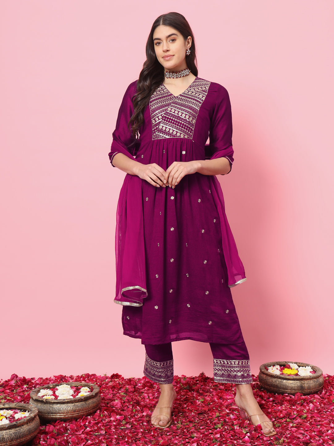 Dhiyona VV Trupati Women Flared Kurta and Trousers Pant Set Silk Blend