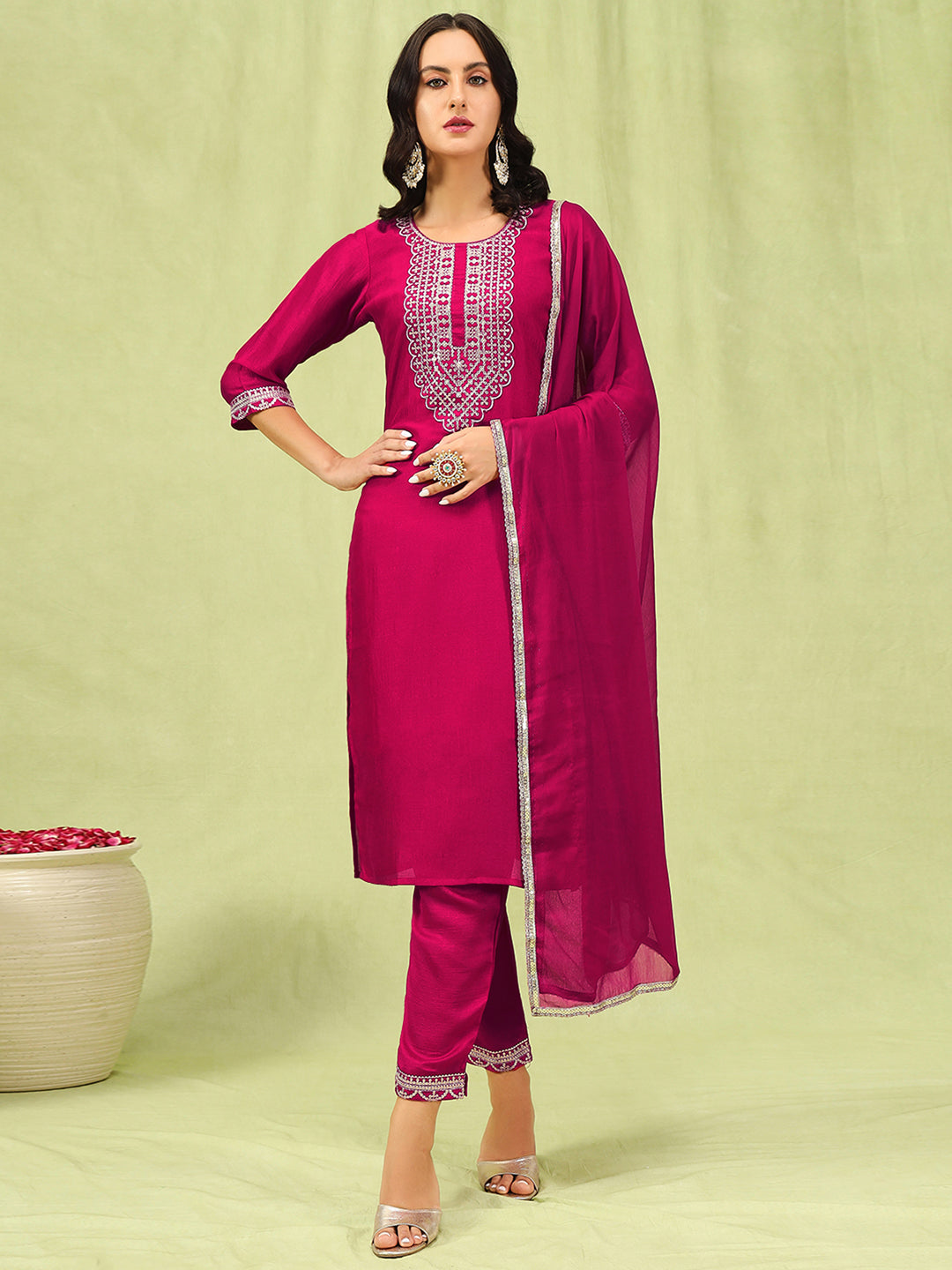 Dhiyona VV Mridaani Pink Silk Blend Yoke Design Kurta and Trousers Pant Set