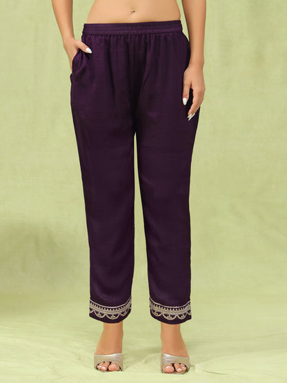 Dhiyona VV Tanmaya Purple Silk Blend Yoke Design Kurta and Trousers Pant Set