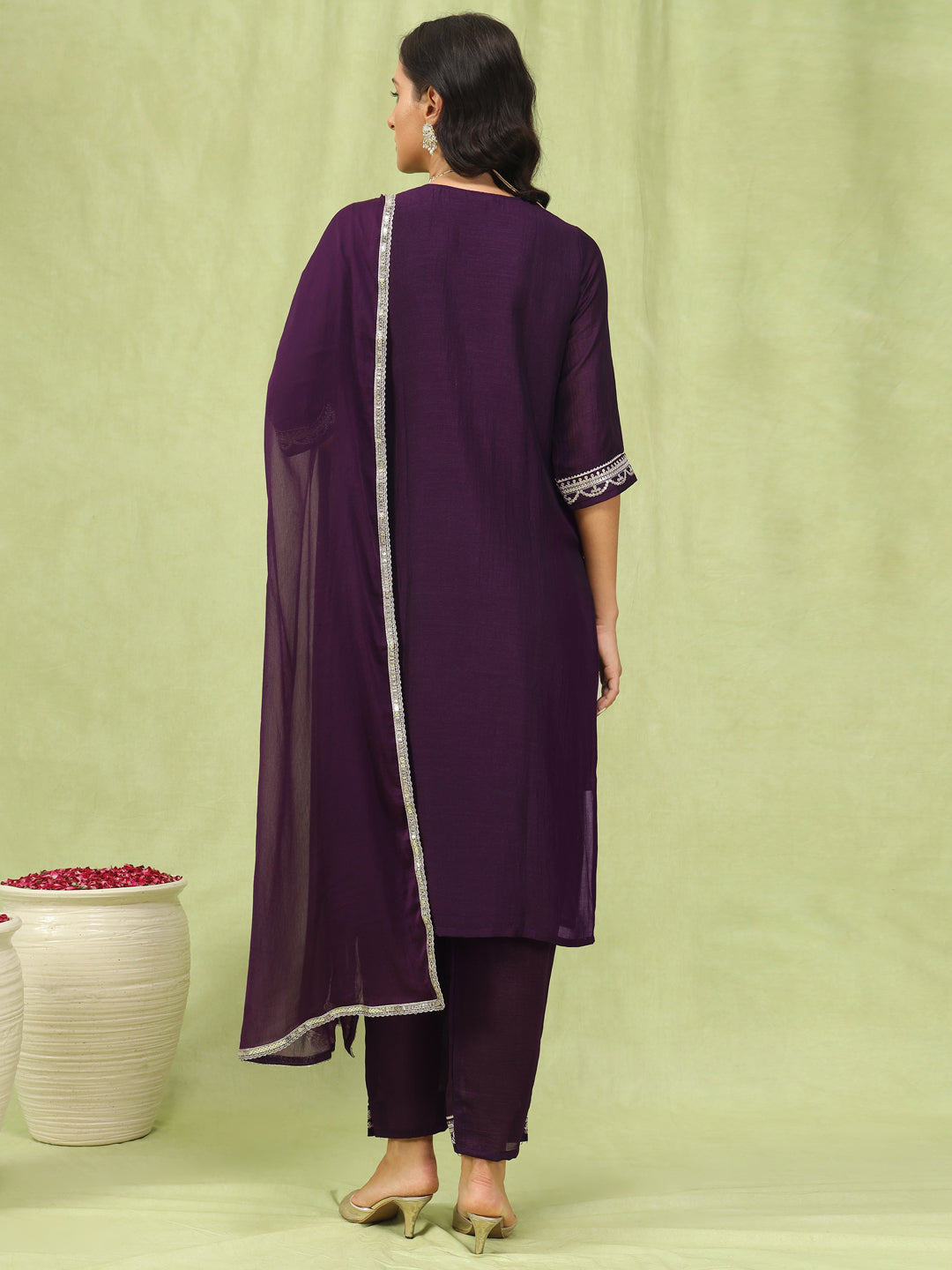 Dhiyona VV Tanmaya Purple Silk Blend Yoke Design Kurta and Trousers Pant Set