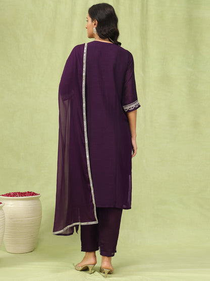 Dhiyona VV Tanmaya Purple Silk Blend Yoke Design Kurta and Trousers Pant Set