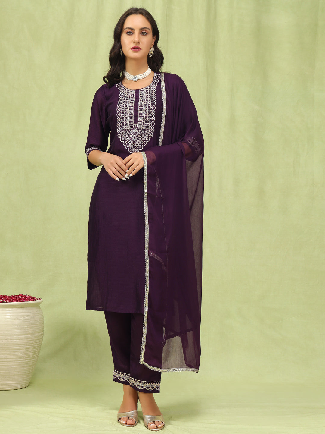 Dhiyona VV Tanmaya Purple Silk Blend Yoke Design Kurta and Trousers Pant Set