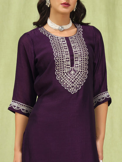 Dhiyona VV Tanmaya Purple Silk Blend Yoke Design Kurta and Trousers Pant Set