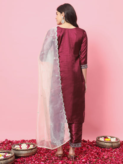 Dhiyona VV Yatra Silk Blend Kurta and Trouser Set with Organza Dupatta