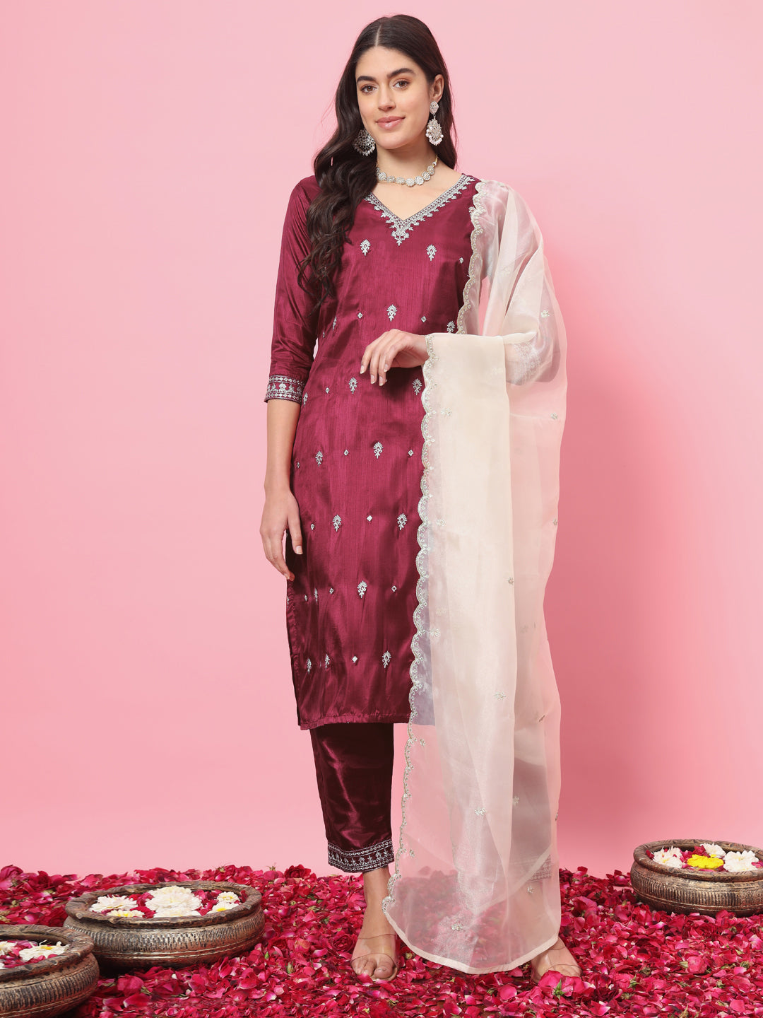 Dhiyona VV Yatra Silk Blend Kurta and Trouser Set with Organza Dupatta