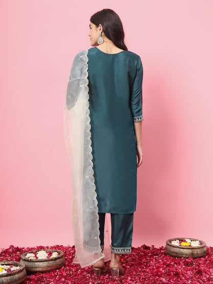 Dhiyona VV Triveni Silk Blend Kurta and Trouser Set with Organza Dupatta