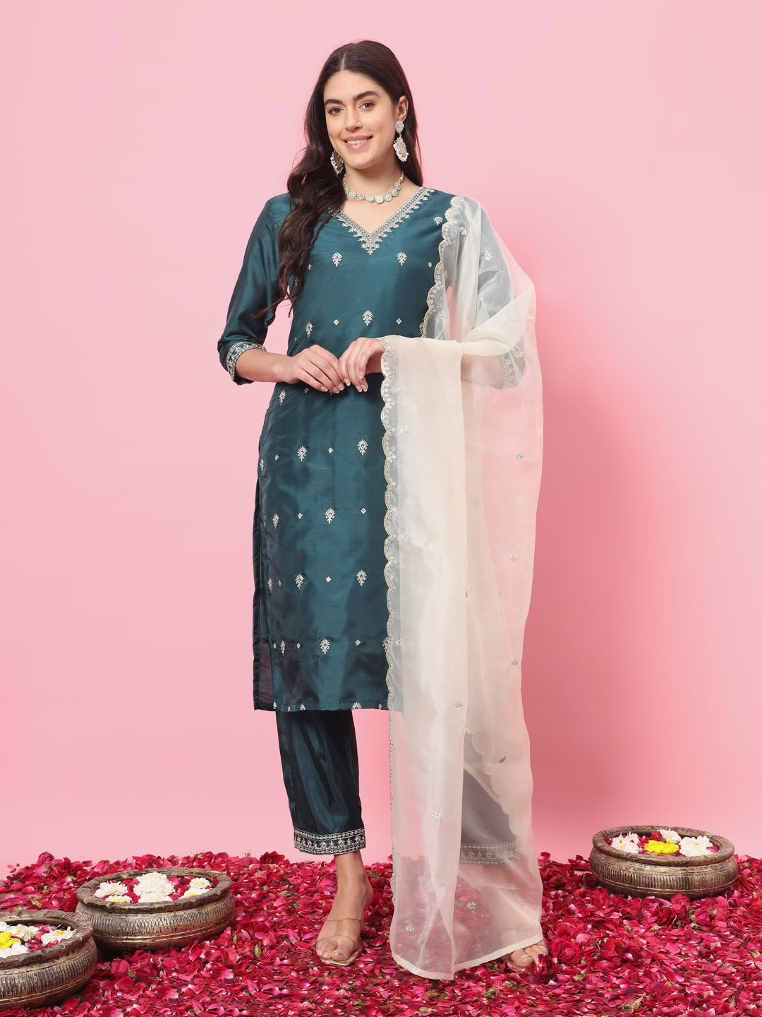 Dhiyona VV Triveni Silk Blend Kurta and Trouser Set with Organza Dupatta