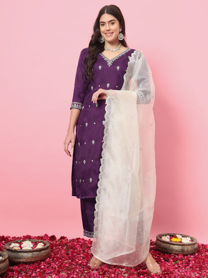 Dhiyona VV Saanjh Silk Blend Kurta and Trouser Set with Organza Dupatta