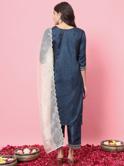 Dhiyona VV Pushp Silk Blend Kurta and Trouser Set with Organza Dupatta
