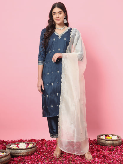 Dhiyona VV Pushp Silk Blend Kurta and Trouser Set with Organza Dupatta