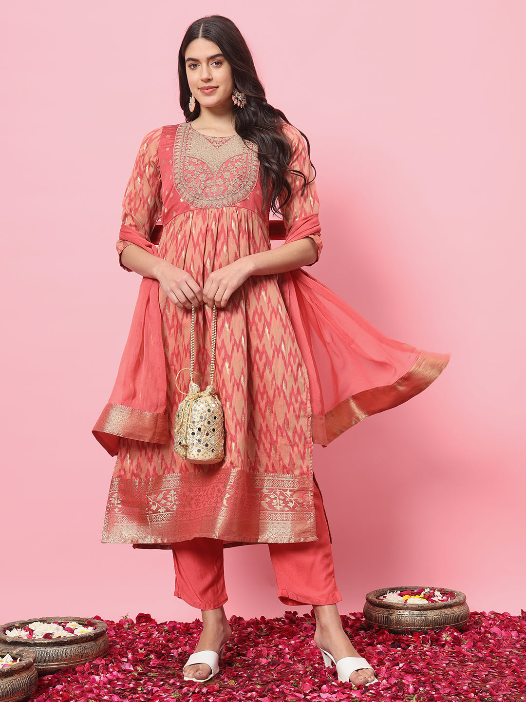 Dhiyona VV Gautami Peach Cotton Silk Embellished Flared Suit Set