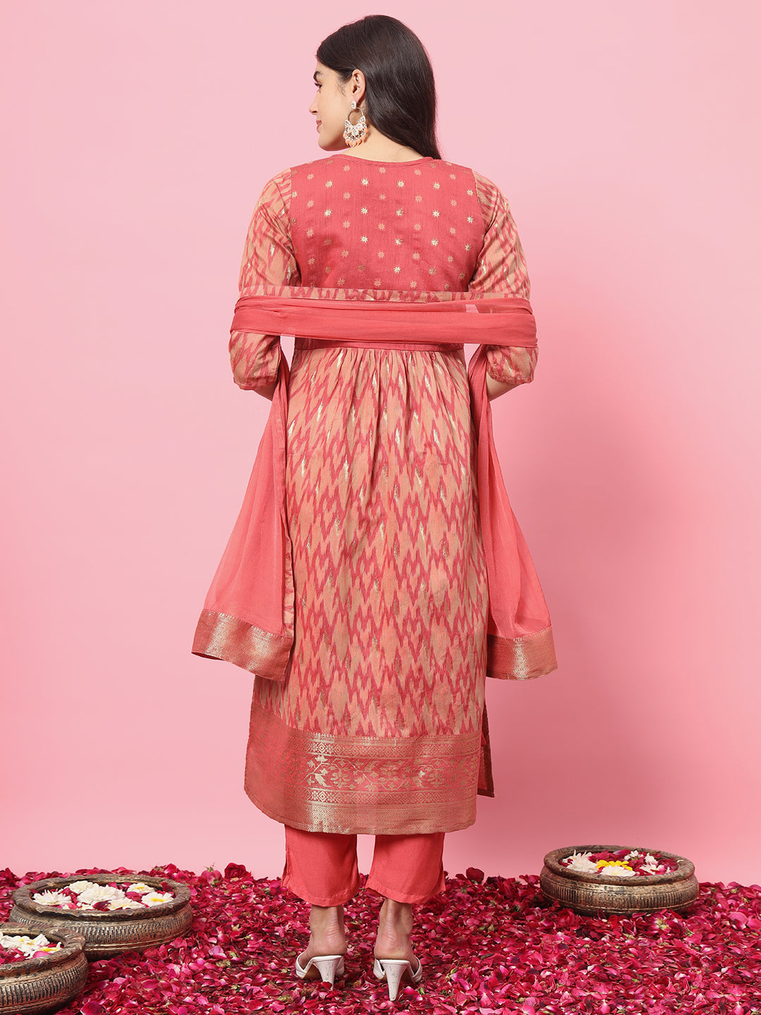 Dhiyona VV Gautami Peach Cotton Silk Embellished Flared Suit Set