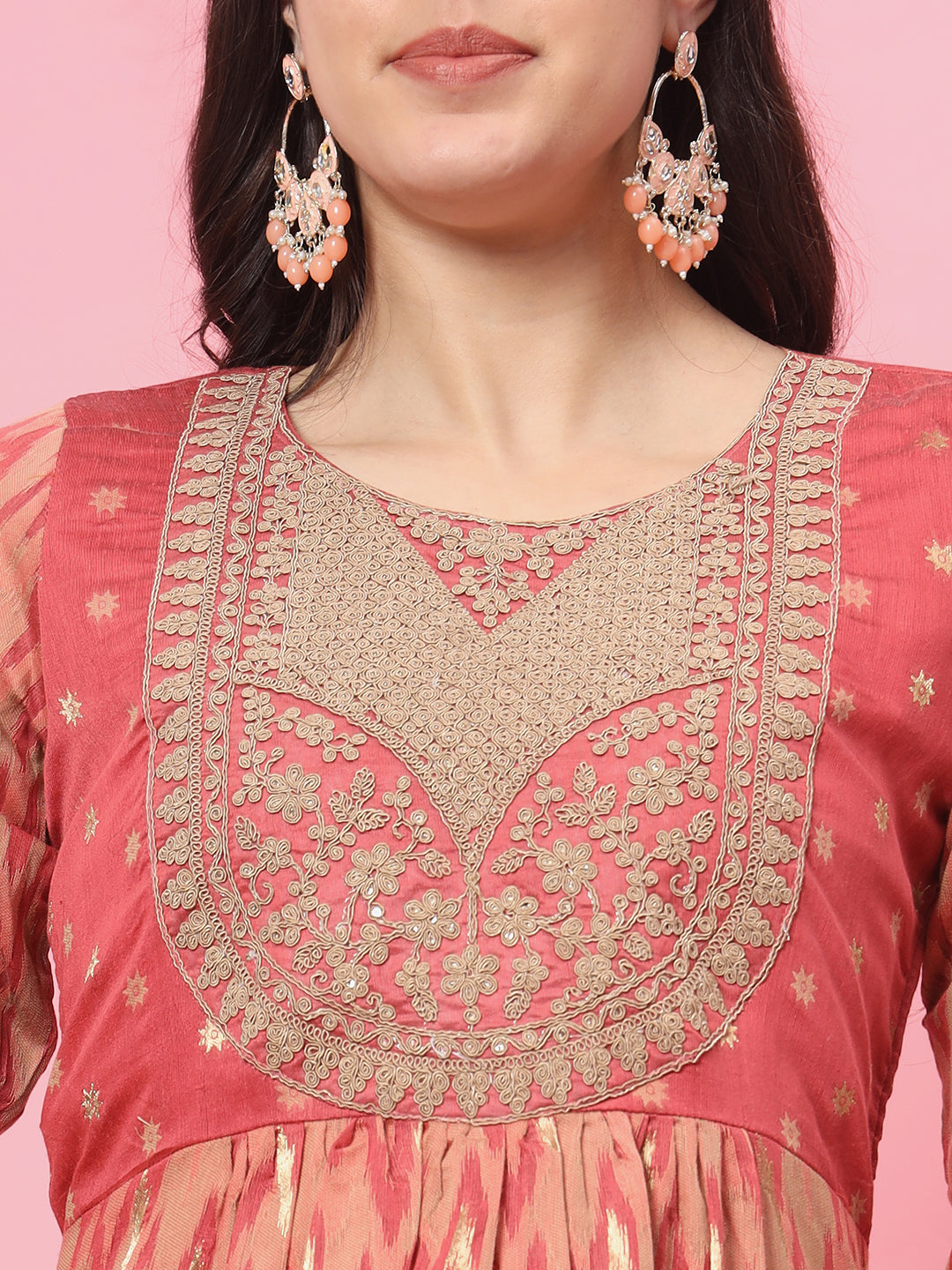 Dhiyona VV Gautami Peach Cotton Silk Embellished Flared Suit Set