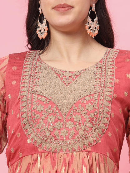 Dhiyona VV Gautami Peach Cotton Silk Embellished Flared Suit Set