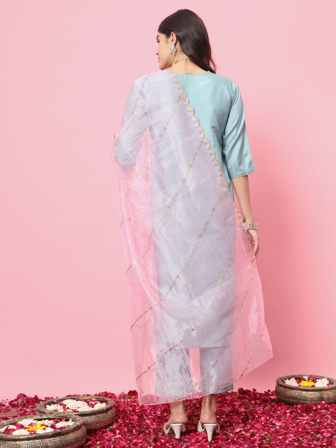 Dhiyona VV Tushi Womens Silk Blend Embroidered Kurta Pant Set with Dupatta Elegant Ready to Wear