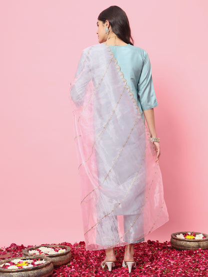 Dhiyona VV Tushi Womens Silk Blend Embroidered Kurta Pant Set with Dupatta Elegant Ready to Wear