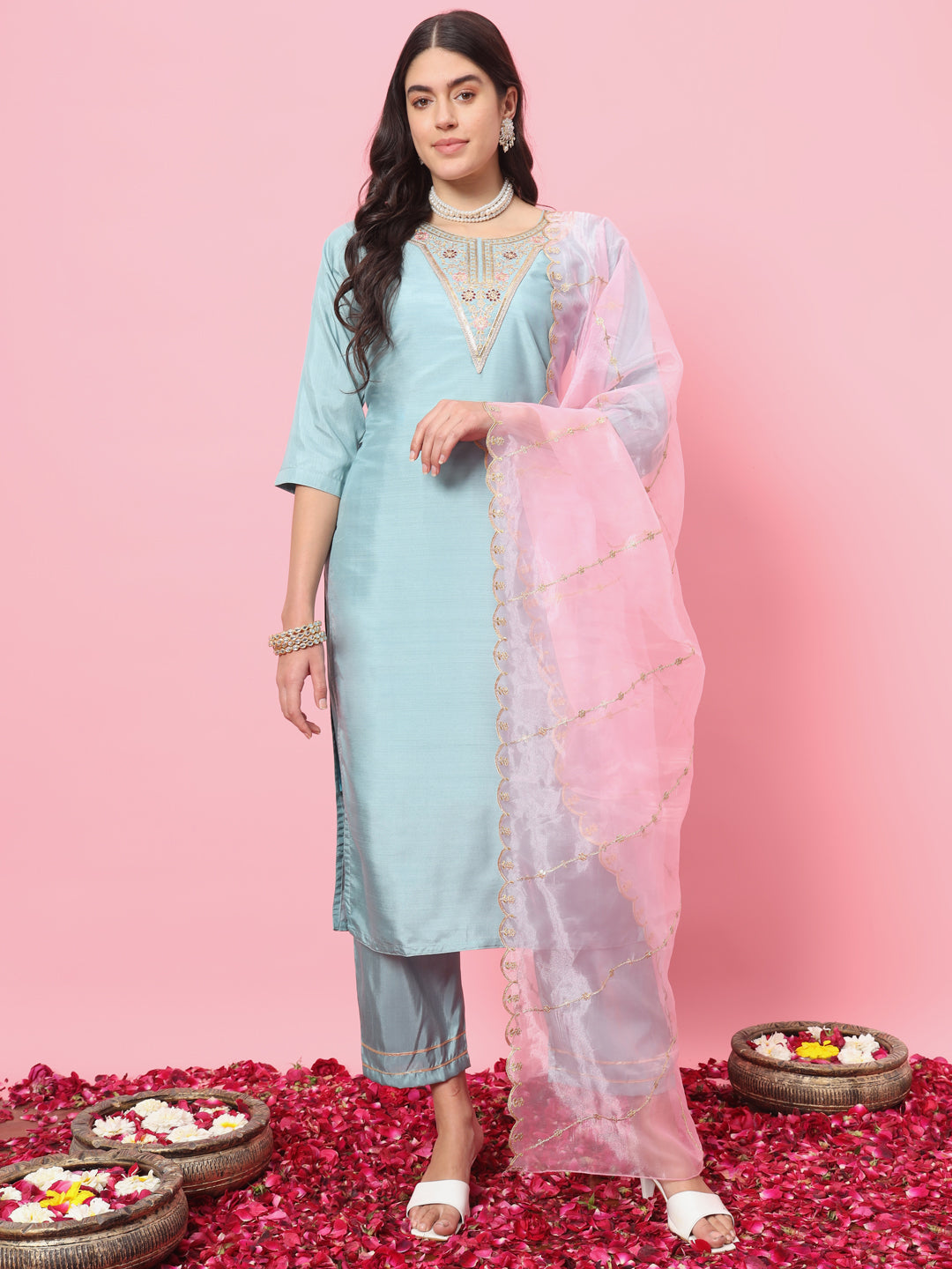 Dhiyona VV Tushi Womens Silk Blend Embroidered Kurta Pant Set with Dupatta Elegant Ready to Wear