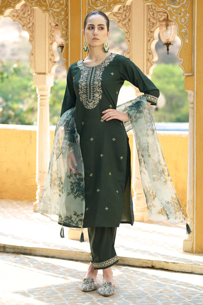 Dhiyona VV Tara Womens Viscose Rayon Kurta Pant Set Embroidered Ethnic Wear with Organza Dupatta