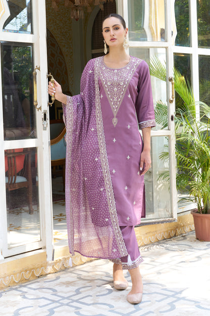 Dhiyona VV Tashi Embroidered Silk Blend Straight Suit With Dupatta