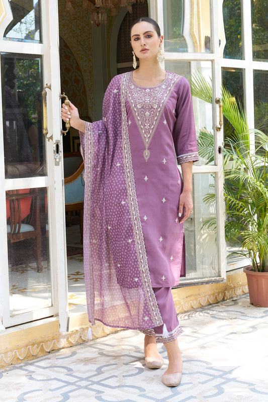 Dhiyona VV Tashi Embroidered Silk Blend Straight Suit With Dupatta