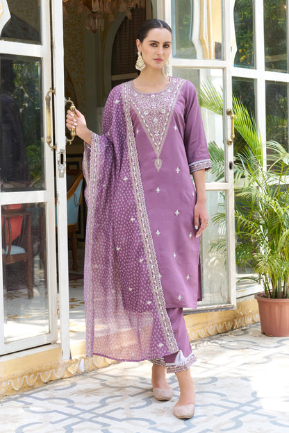 Dhiyona VV Tashi Embroidered Silk Blend Straight Suit With Dupatta