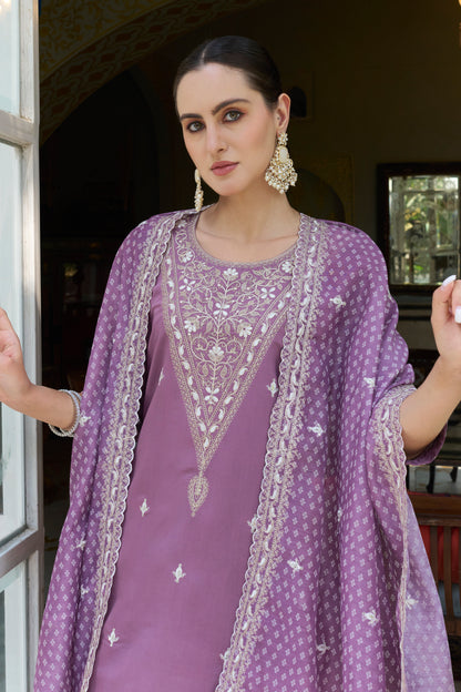 Dhiyona VV Tashi Embroidered Silk Blend Straight Suit With Dupatta